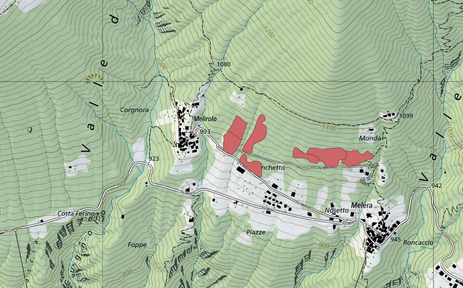 Landeskarte swisstopo mit dem Schutzperimeter von Melera (Trockenwiese)