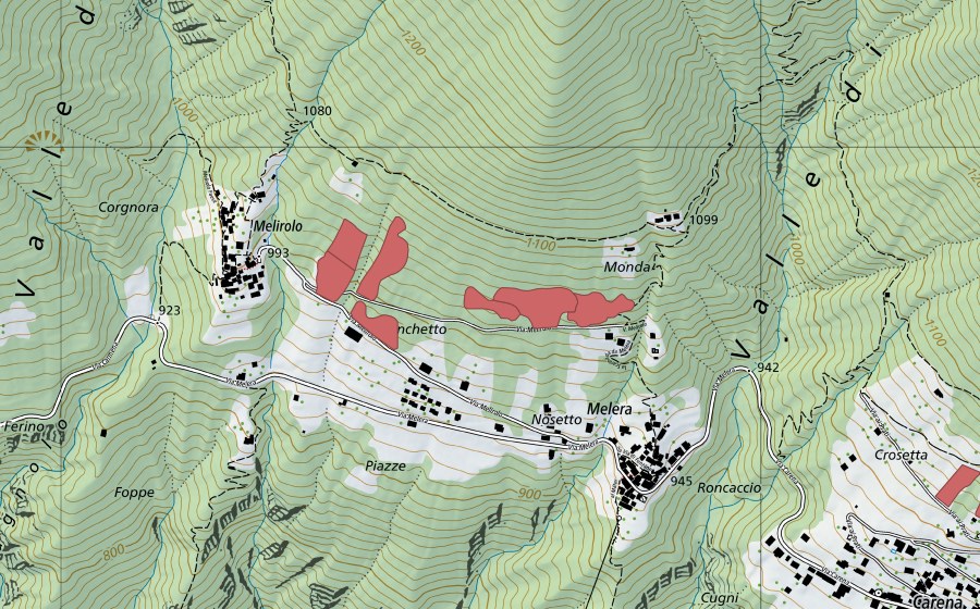 Landeskarte swisstopo mit dem Schutzperimeter von Melera (Trockenwiese)