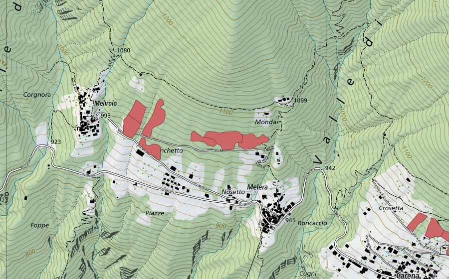 swisstopo national map showing the protected perimeter of Melera (Dry meadow)