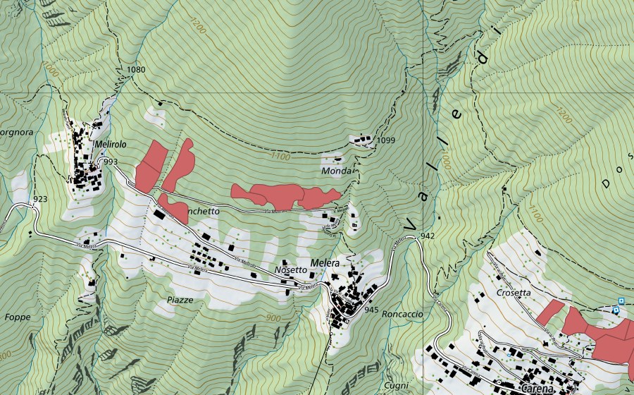 Carte nationale swisstopo avec le périmètre protégé de Melera (Prairie sèche)