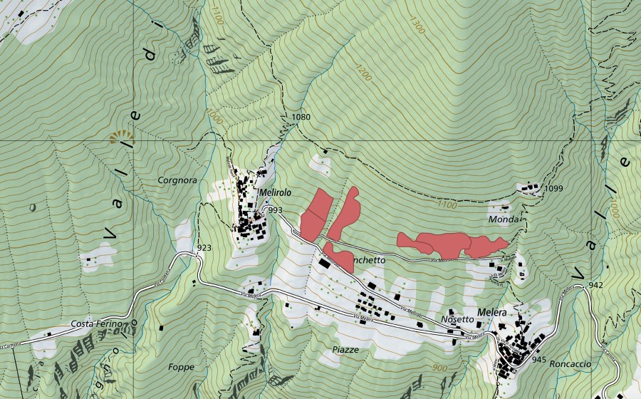 Carte nationale swisstopo avec le périmètre protégé de Melera (Prairie sèche)