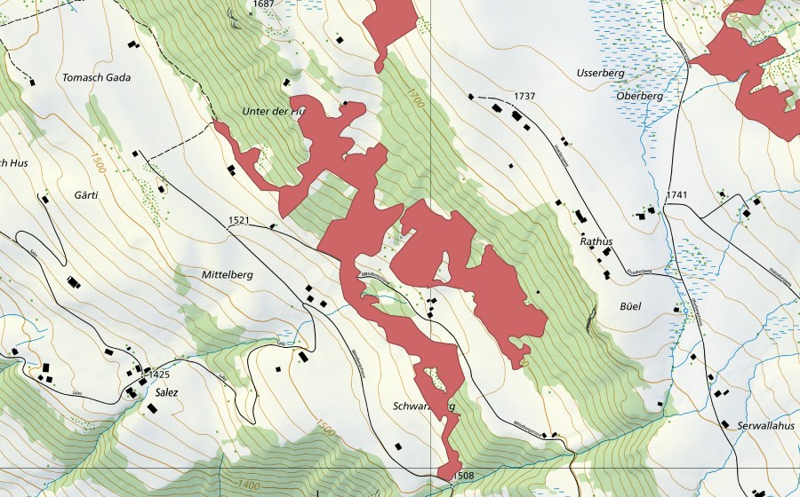 Carte nationale swisstopo avec le périmètre protégé de Meni (Prairie sèche)