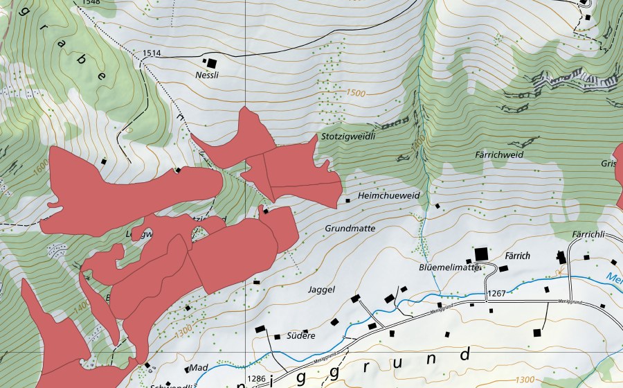 Carte nationale swisstopo avec le périmètre protégé de Meniggrund (Prairie sèche)