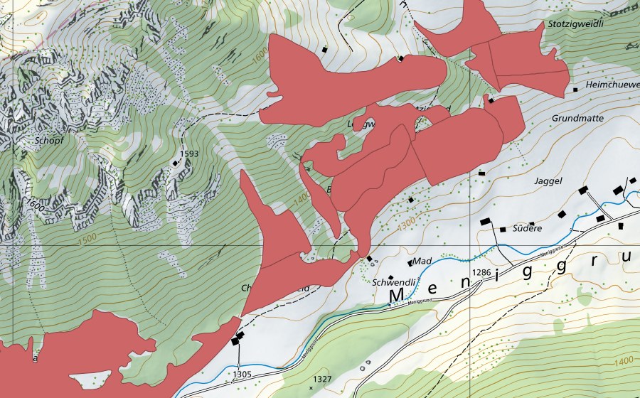 swisstopo national map showing the protected perimeter of Meniggrund (Dry meadow)