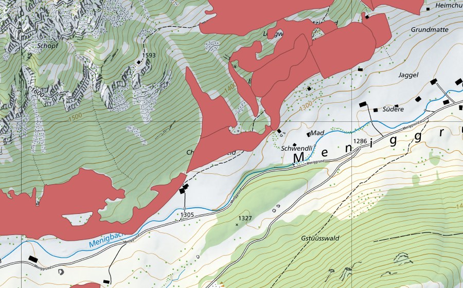 swisstopo national map showing the protected perimeter of Meniggrund (Dry meadow)