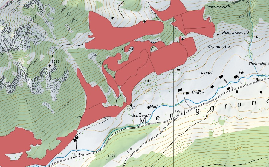Carte nationale swisstopo avec le périmètre protégé de Meniggrund (Prairie sèche)