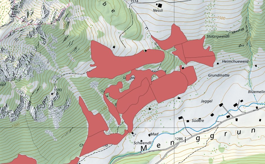 Carte nationale swisstopo avec le périmètre protégé de Meniggrund (Prairie sèche)