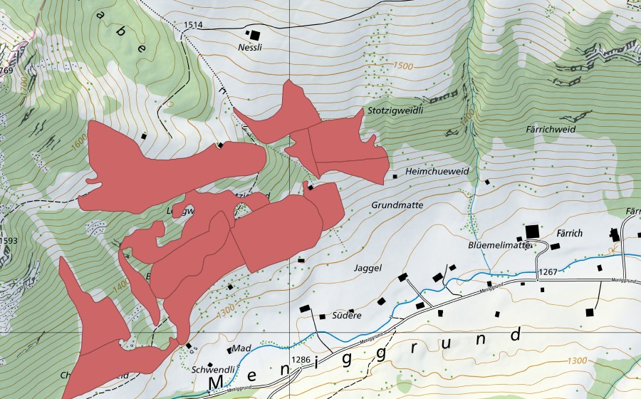 swisstopo national map showing the protected perimeter of Meniggrund (Dry meadow)