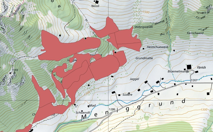 Landeskarte swisstopo mit dem Schutzperimeter von Meniggrund (Trockenwiese)