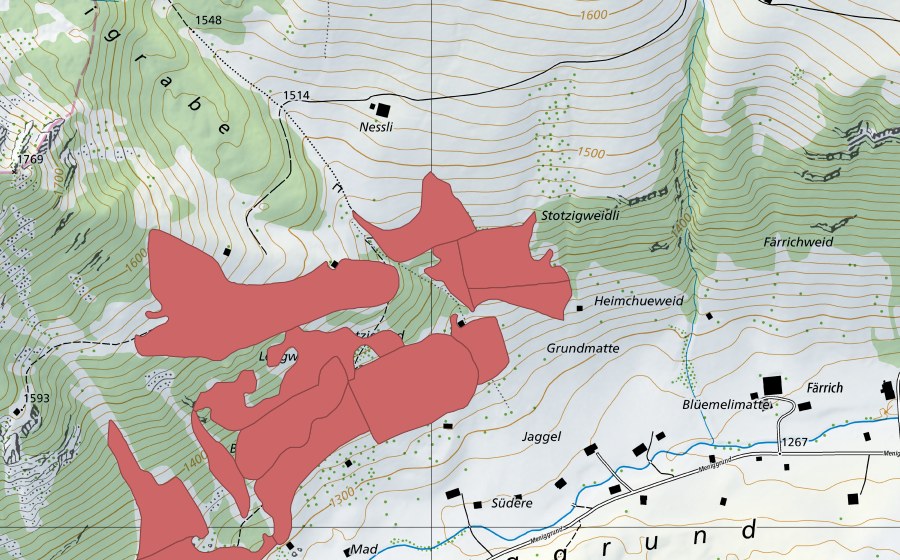Carte nationale swisstopo avec le périmètre protégé de Meniggrund (Prairie sèche)