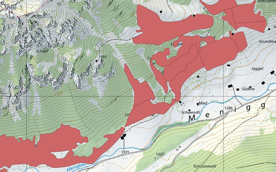 Landeskarte swisstopo mit dem Schutzperimeter von Meniggrund (Trockenwiese)