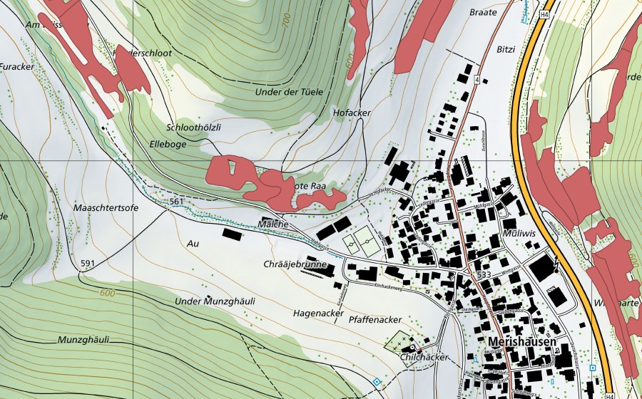 swisstopo national map showing the protected perimeter of Merishausen (Dry meadow)