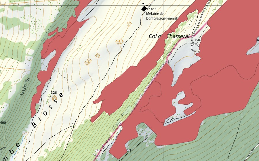 Landeskarte swisstopo mit dem Schutzperimeter von Mét. de Dombresson (Trockenwiese)