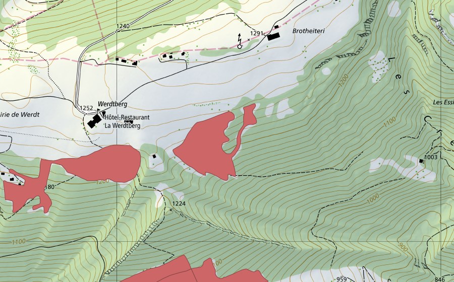 swisstopo national map showing the protected perimeter of Mét. de la Werdtberg (Dry meadow)