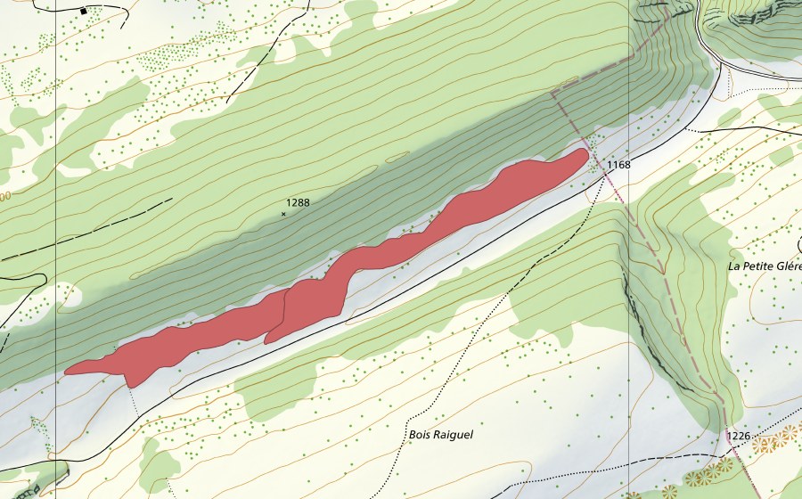 Carte nationale swisstopo avec le périmètre protégé de Métairie de Bois Raiguel (Prairie sèche)