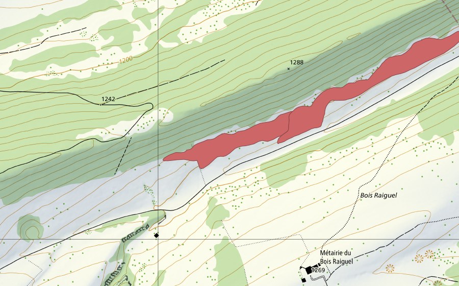 Carte nationale swisstopo avec le périmètre protégé de Métairie de Bois Raiguel (Prairie sèche)
