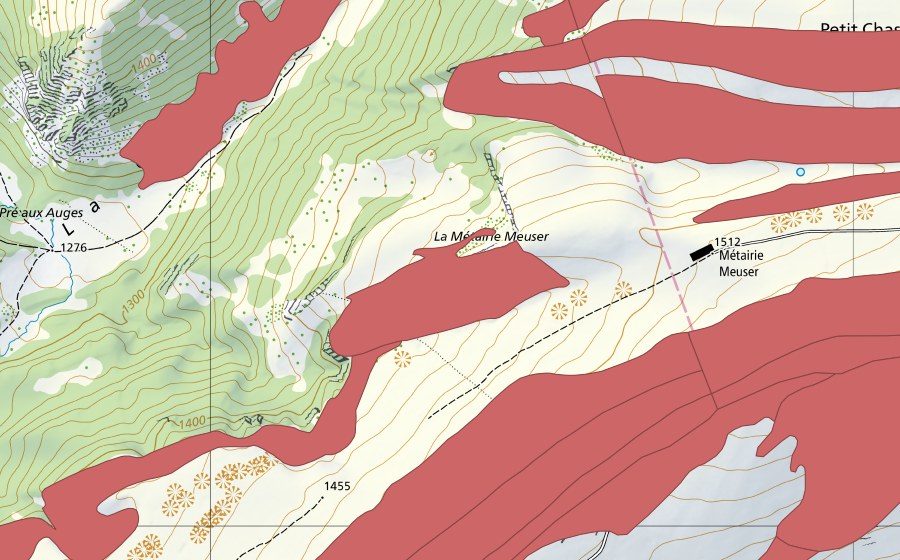 Carte nationale swisstopo avec le périmètre protégé de Métairie de St-Jean (Prairie sèche)