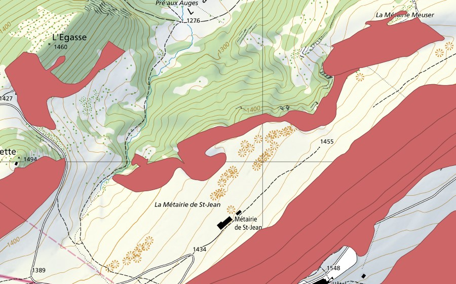 Carte nationale swisstopo avec le périmètre protégé de Métairie de St-Jean (Prairie sèche)
