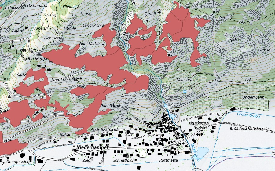 Landeskarte swisstopo mit dem Schutzperimeter von Mettje (Trockenwiese)