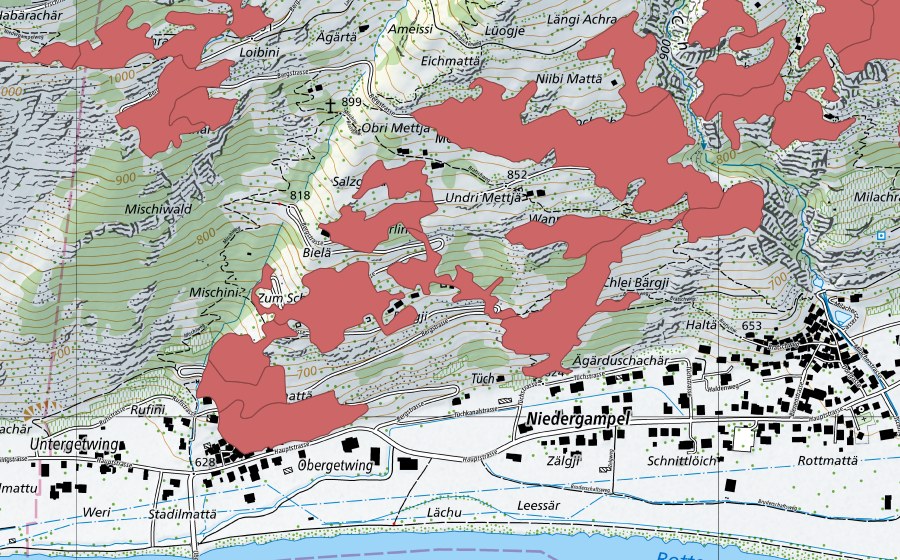 Landeskarte swisstopo mit dem Schutzperimeter von Mettje (Trockenwiese)