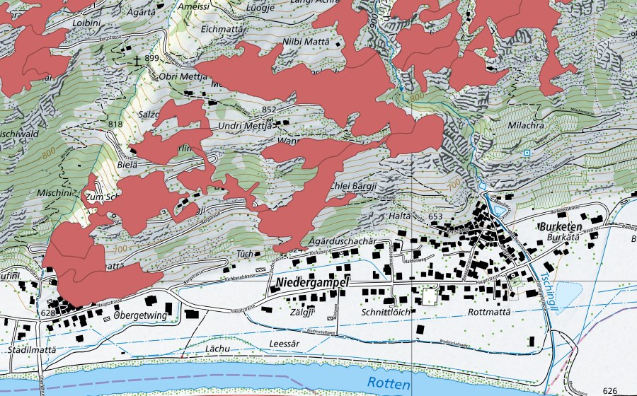Carte nationale swisstopo avec le périmètre protégé de Mettje (Prairie sèche)