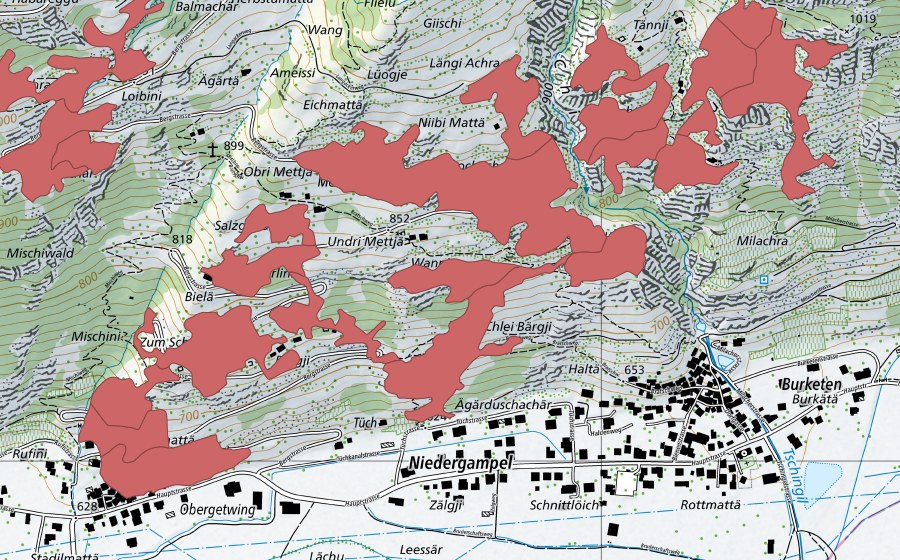 Landeskarte swisstopo mit dem Schutzperimeter von Mettje (Trockenwiese)
