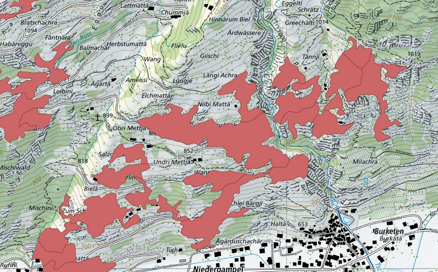 Carte nationale swisstopo avec le périmètre protégé de Mettje (Prairie sèche)
