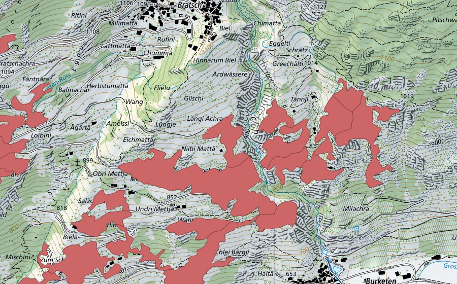 swisstopo national map showing the protected perimeter of Mettje (Dry meadow)