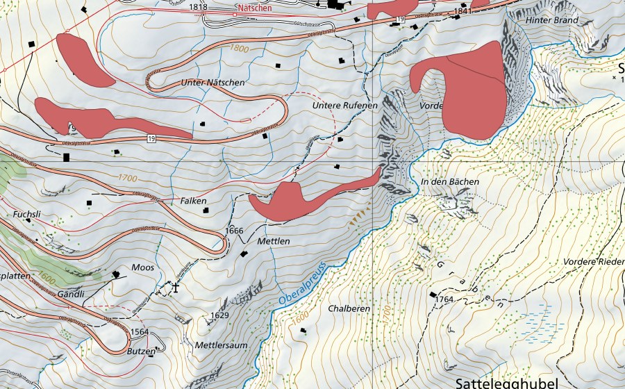 Landeskarte swisstopo mit dem Schutzperimeter von Mettlen (Trockenwiese)