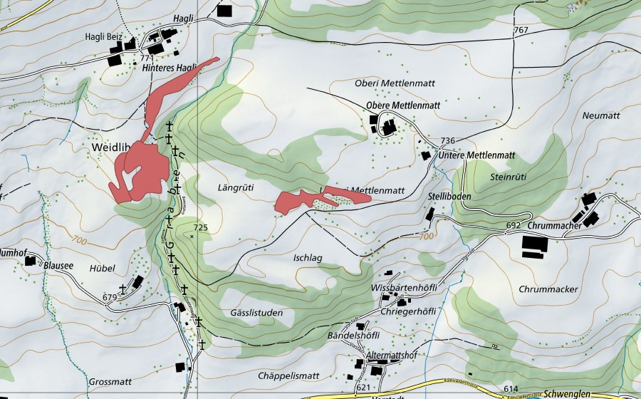 Carte nationale swisstopo avec le périmètre protégé de Mettlenmatt (Prairie sèche)