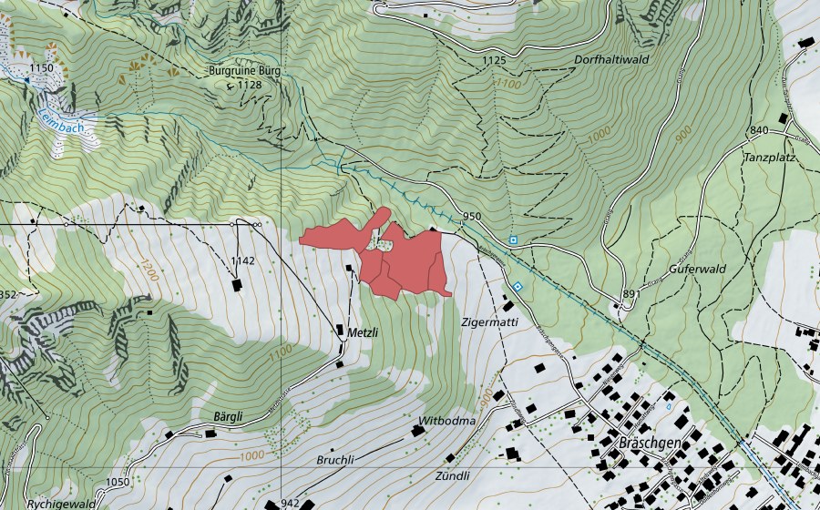 swisstopo national map showing the protected perimeter of Metzli (Dry meadow)