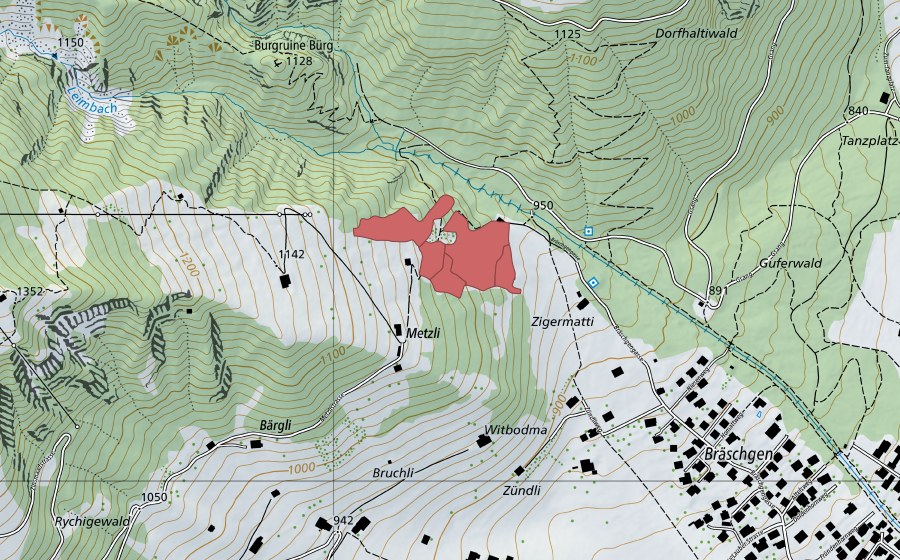 Carte nationale swisstopo avec le périmètre protégé de Metzli (Prairie sèche)