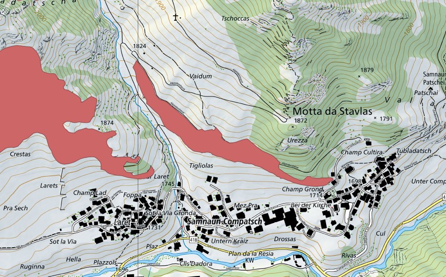 Carte nationale swisstopo avec le périmètre protégé de Mezpra (Prairie sèche)