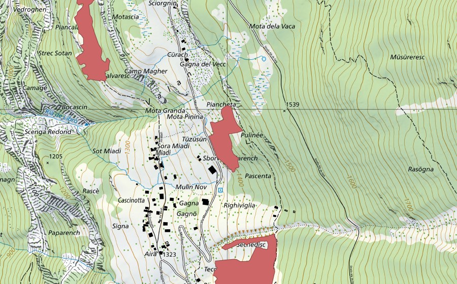 Carte nationale swisstopo avec le périmètre protégé de Miaddi (Prairie sèche)