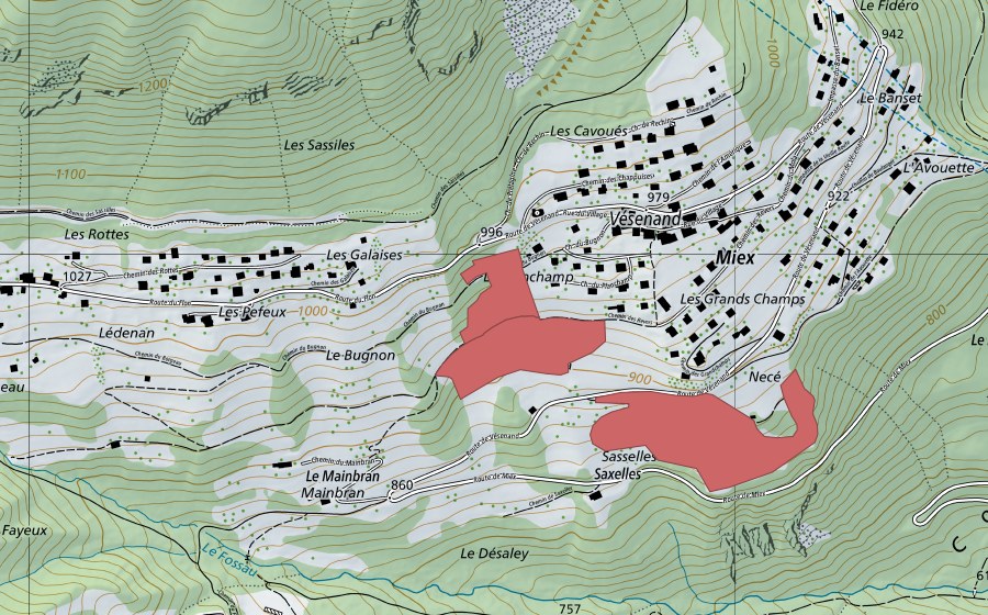 Carte nationale swisstopo avec le périmètre protégé de Miex (Prairie sèche)