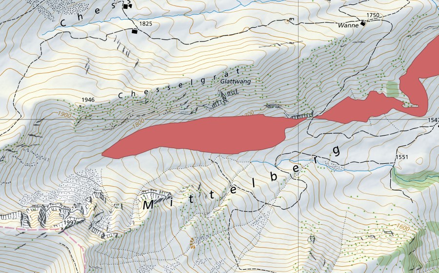 Landeskarte swisstopo mit dem Schutzperimeter von Mittelberg (Trockenwiese)