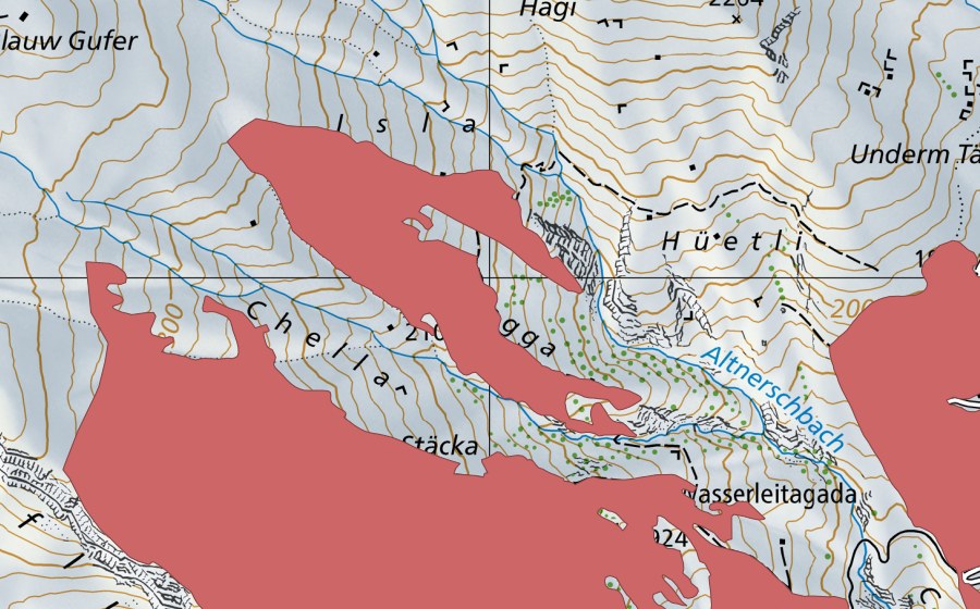 Carte nationale swisstopo avec le périmètre protégé de Mittelegga (Prairie sèche)