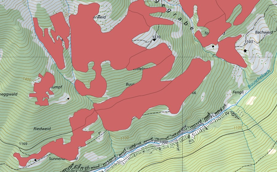 Landeskarte swisstopo mit dem Schutzperimeter von Mittelweid (Trockenwiese)