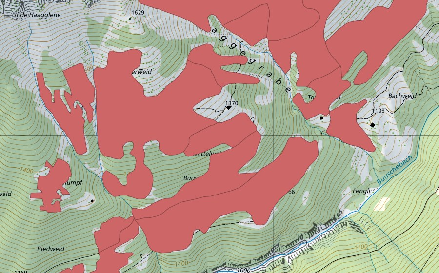 Carte nationale swisstopo avec le périmètre protégé de Mittelweid (Prairie sèche)