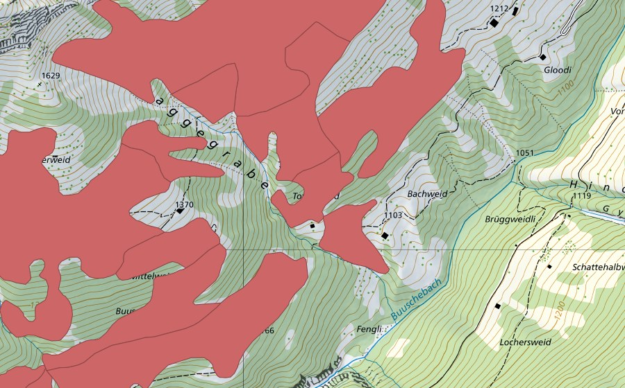 Carte nationale swisstopo avec le périmètre protégé de Mittelweid (Prairie sèche)