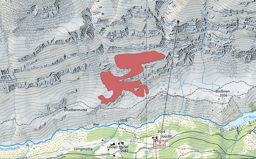 swisstopo national map showing the protected perimeter of Mittelzug (Dry meadow)