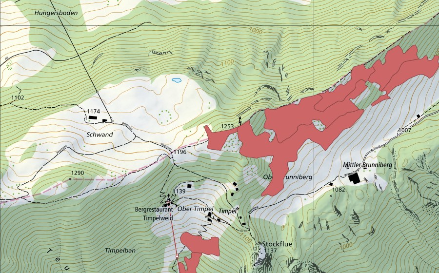Landeskarte swisstopo mit dem Schutzperimeter von Mittler-Brunniberg (Trockenwiese)