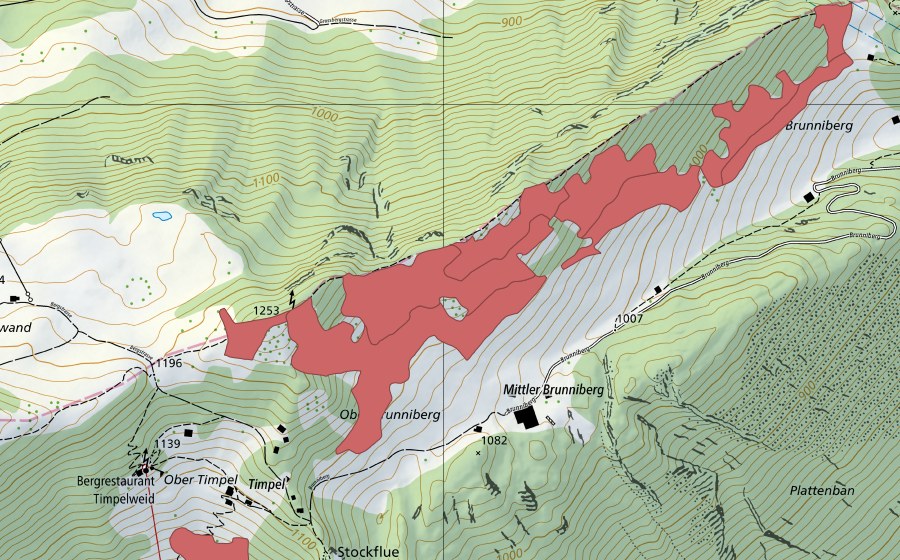 Landeskarte swisstopo mit dem Schutzperimeter von Mittler-Brunniberg (Trockenwiese)