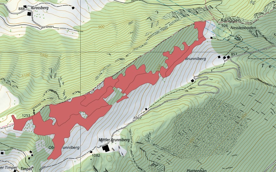 Landeskarte swisstopo mit dem Schutzperimeter von Mittler-Brunniberg (Trockenwiese)