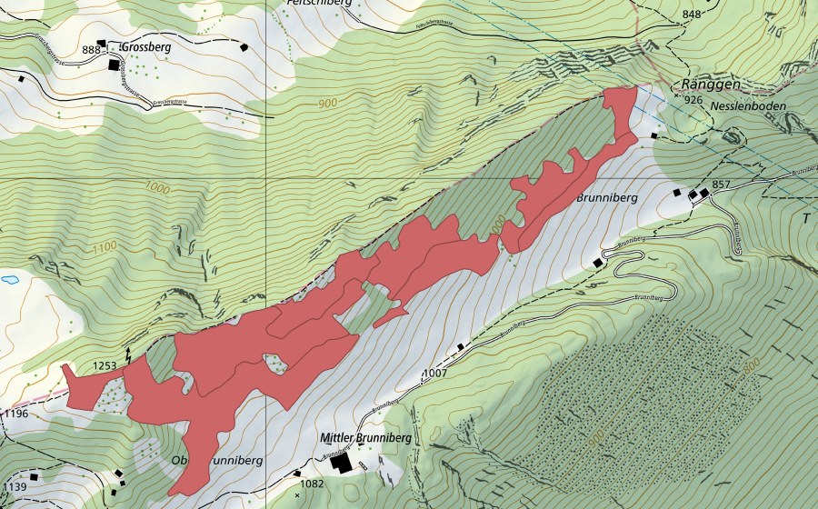Carte nationale swisstopo avec le périmètre protégé de Mittler-Brunniberg (Prairie sèche)