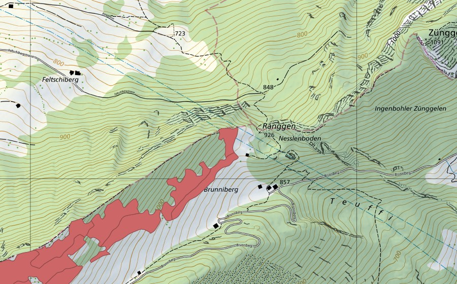 Carte nationale swisstopo avec le périmètre protégé de Mittler-Brunniberg (Prairie sèche)
