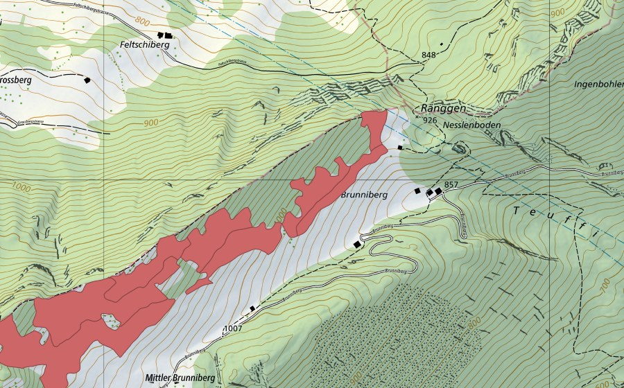 Landeskarte swisstopo mit dem Schutzperimeter von Mittler-Brunniberg (Trockenwiese)