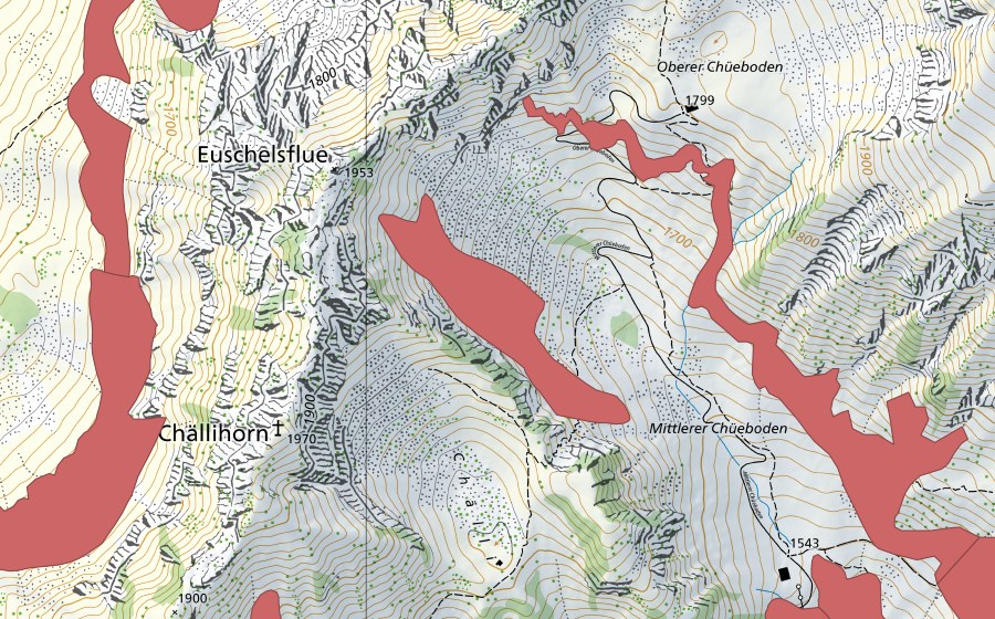 Landeskarte swisstopo mit dem Schutzperimeter von Mittler Chüeboden (Trockenwiese)