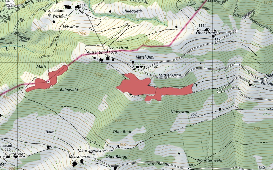 Carte nationale swisstopo avec le périmètre protégé de Mittler-Urmi (Prairie sèche)