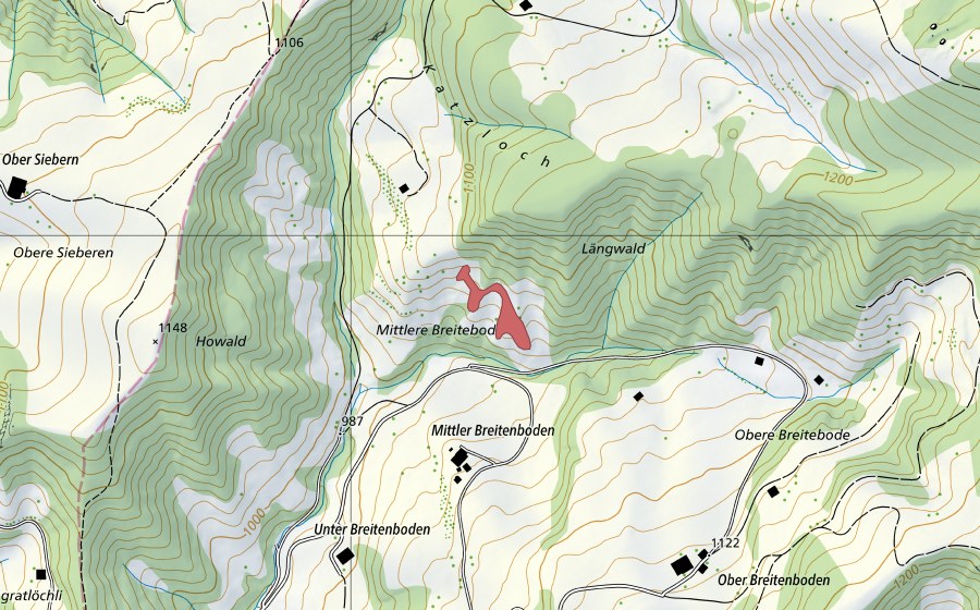 Carte nationale swisstopo avec le périmètre protégé de Mittlere Breitebode (Prairie sèche)
